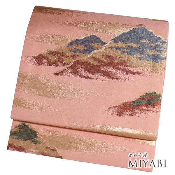 名古屋帯 リサイクル 帯丈354cm 六通 山柄 箔 ピンク Sサイズ 正絹 新品・未使用品 お洒落