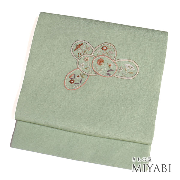 名古屋帯 リサイクル 帯丈368cm ポイント柄 唐花に草花 グリーン Mサイズ 正絹 Aランク お洒落