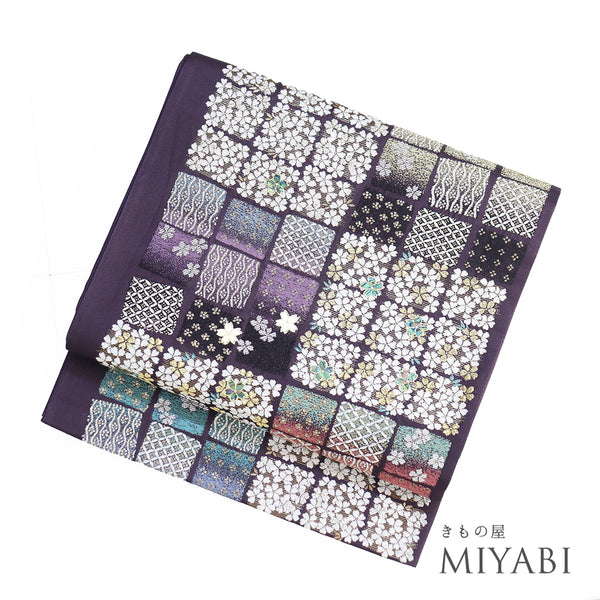 袋帯 リサイクル 帯丈452cm 六通 ポイント柄 石畳に花柄 螺鈿 ブラック Lサイズ 正絹 Sランク フォーマル