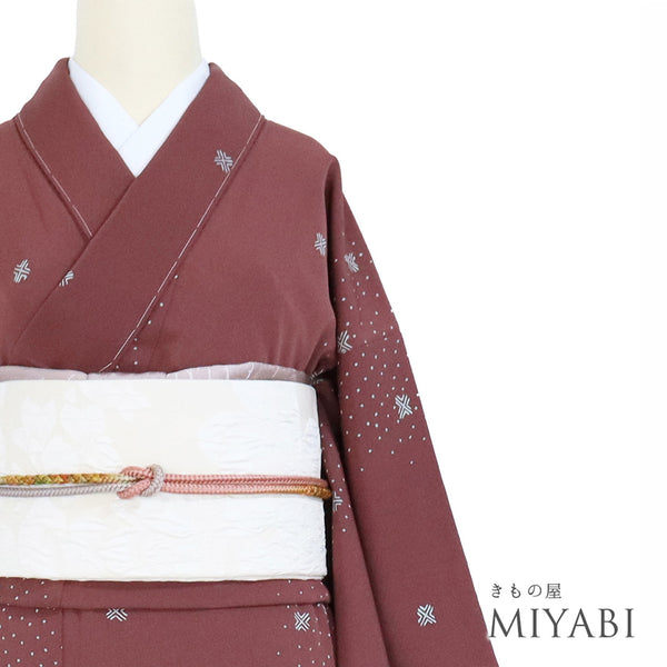 小紋 リサイクル 身丈157.5cm 裄62.8cm 袷 あられ柄 お洒落八掛 レッド Mサイズ お洒落 しつけ糸 正絹 広衿 Sランク