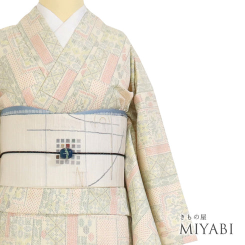 紬 リサイクル 身丈164.8cm 裄66cm 単衣 アイボリー Lサイズ お洒落 カジュアル しつけ糸 正絹 バチ衿 Sランク