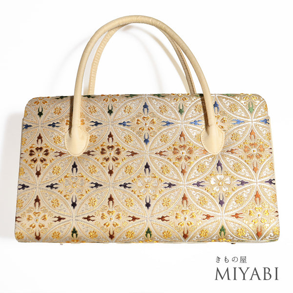 バッグ お洒落 ベージュ 正絹 未使用品 利休バッグ 西陣織 七宝華文柄 巾着付き