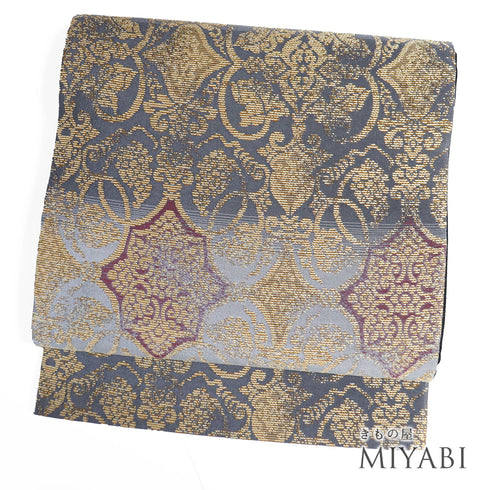 袋帯 リサイクル 帯丈450cm 六通 花唐草柄 グレー Lサイズ 正絹 新品・未使用品 フォーマル お洒落
