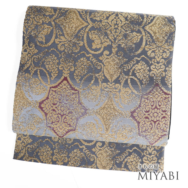 袋帯 リサイクル 帯丈450cm 六通 花唐草柄 グレー Lサイズ 正絹 新品・未使用品 フォーマル お洒落