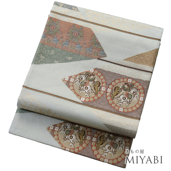 袋帯 リサイクル 帯丈432cm 六通 檜扇花文 多色 Sサイズ 正絹 新品・未使用品 フォーマル お洒落