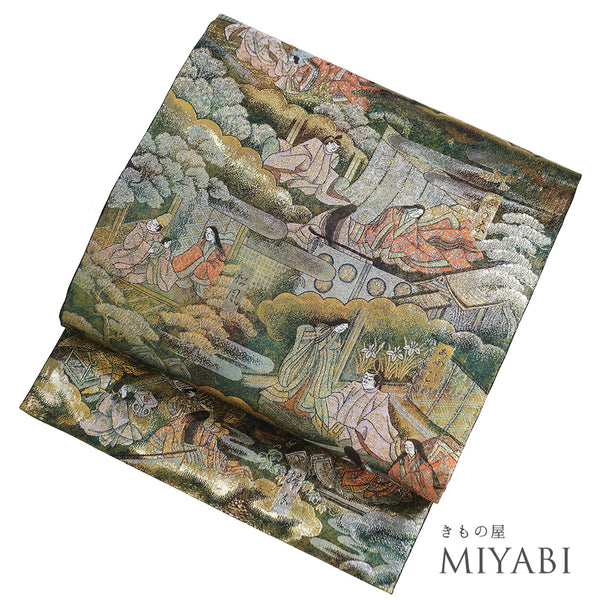 袋帯 リサイクル 帯丈450cm 全通 源氏物語絵巻 全通全景図 西陣あさぎ ゴールド Lサイズ 正絹 Sランク フォーマル セミフォーマル