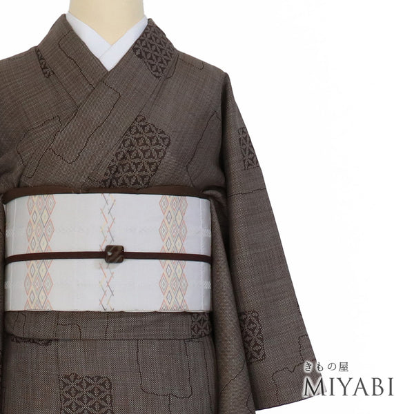 紬 リサイクル 身丈160.2cm 裄62.4cm 袷 医科学柄 ブラウン Mサイズ お洒落 カジュアル 正絹 広衿 Aランク