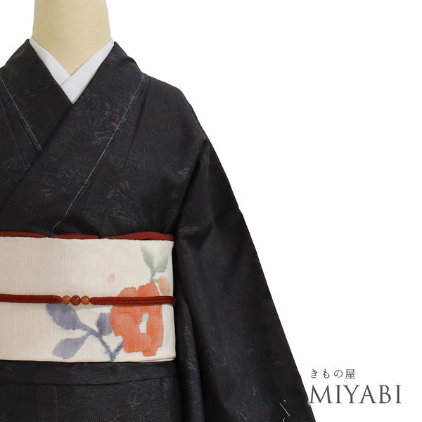 紬 リサイクル 身丈163.2cm 裄64.6cm 袷 花枝柄 ブラック Lサイズ お洒落 しつけ糸 正絹 広衿 Sランク