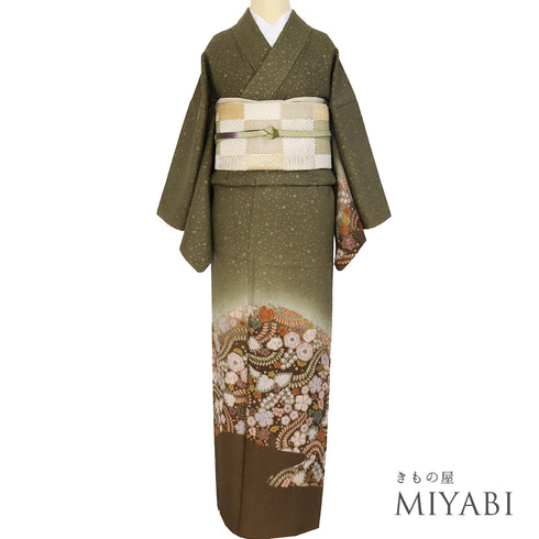訪問着 リサイクル 身丈155.8cm 裄64cm 袷 辻が花模様 小花散らし 芝草模様 箔加工 グリーン Mサイズ お洒落 正絹 広衿 Sランク