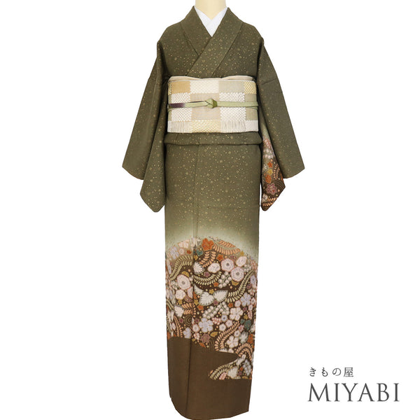 訪問着 リサイクル 身丈155.8cm 裄64cm 袷 辻が花模様 小花散らし 芝草模様 箔加工 グリーン Mサイズ お洒落 正絹 広衿 Sランク