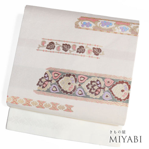 名古屋帯 リサイクル 帯丈380.5cm ポイント柄 花唐草柄 ベージュ Lサイズ 不明 Aランク お洒落