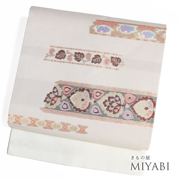 名古屋帯 リサイクル 帯丈380.5cm ポイント柄 花唐草柄 ベージュ Lサイズ 不明 Aランク お洒落