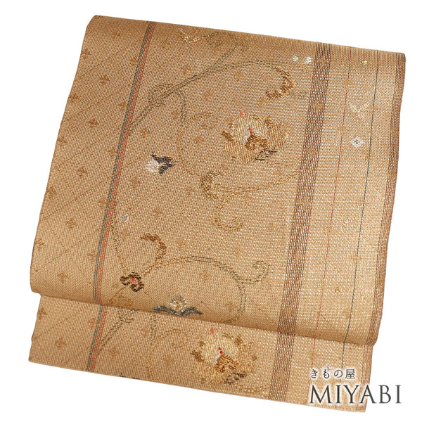 袋帯 リサイクル 帯丈430cm 六通 唐草柄 ブラウン Sサイズ 正絹 Sランク お洒落