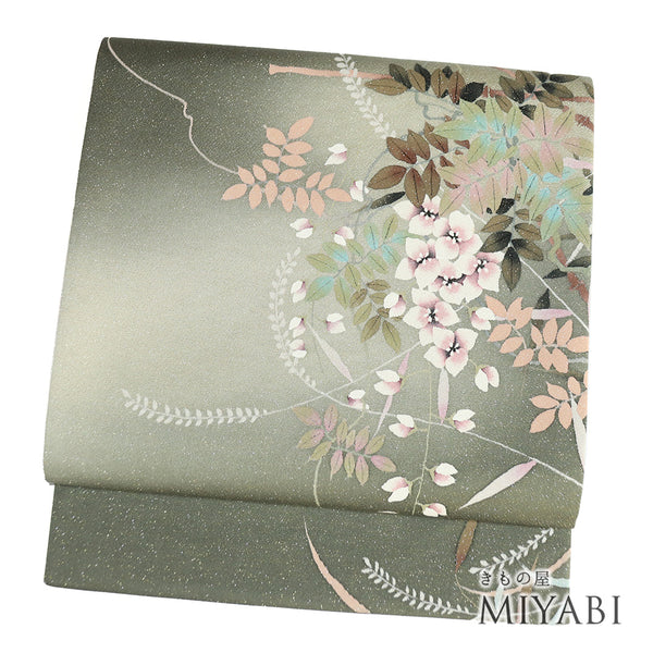 袋帯 リサイクル 帯丈446cm ポイント柄 藤柄 描絵 グリーン Mサイズ 正絹 Sランク セミフォーマル お洒落