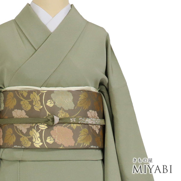 色無地 リサイクル 身丈154cm 裄64.4cm 袷 グリーン Sサイズ セミフォーマル お洒落 一つ紋 しつけ糸 正絹 広衿 Sランク