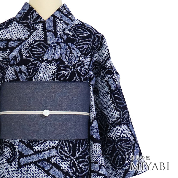 浴衣 リサイクル 夏着物 身丈160.8cm 裄66cm 夏物 蔓柄 絞り ゆったり ネイビー Lサイズ カジュアル 木綿 洗える着物 バチ衿 Aランク