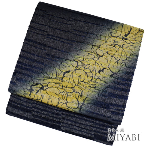 袋帯 リサイクル 帯丈464cm ポイント柄 蔦柄 ビロード織り ネイビー LLサイズ 正絹 新品・未使用品 お洒落