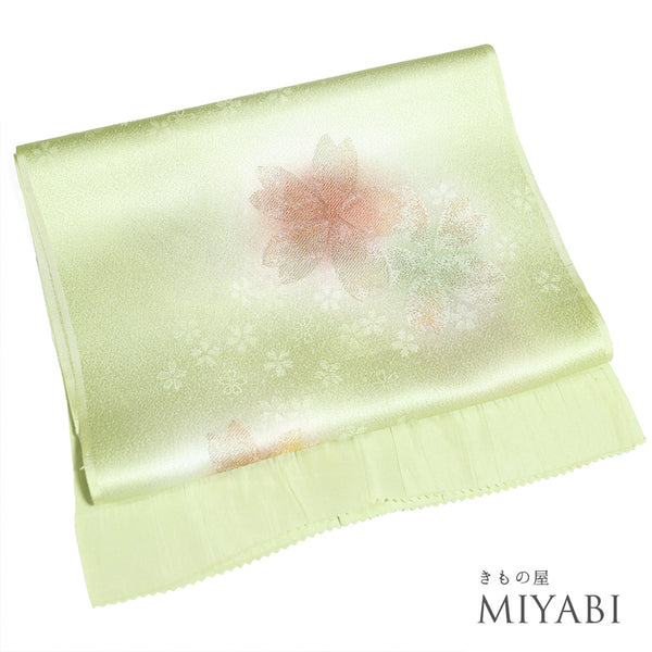 帯揚げ リサイクル お洒落 ちりめん 正絹 グリーン 桜柄 地紋 新品・未使用品 AG-1251