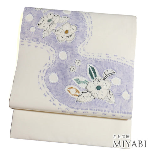 名古屋帯 リサイクル 帯丈364.5cm ポイント柄 花柄 塩瀬 ベージュ Mサイズ 正絹 Sランク お洒落