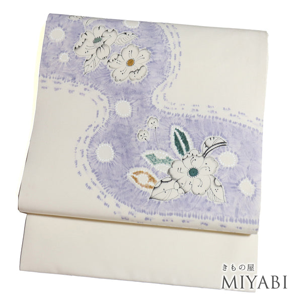 名古屋帯 リサイクル 帯丈364.5cm ポイント柄 花柄 塩瀬 ベージュ Mサイズ 正絹 Sランク お洒落