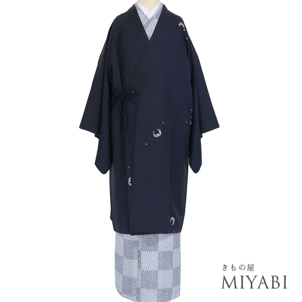 道中着 リサイクル 身丈105cm 裄69.4cm 袷 ロング 着物衿 花丸柄 地紋 刺繍 ネイビー LLサイズ お洒落 正絹 Sランク