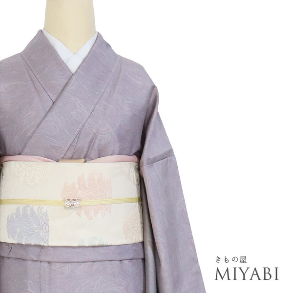 紬 リサイクル 身丈159cm 裄67.8cm 袷 墨流し風柄 パープル Mサイズ お洒落 しつけ糸 正絹 広衿 Sランク