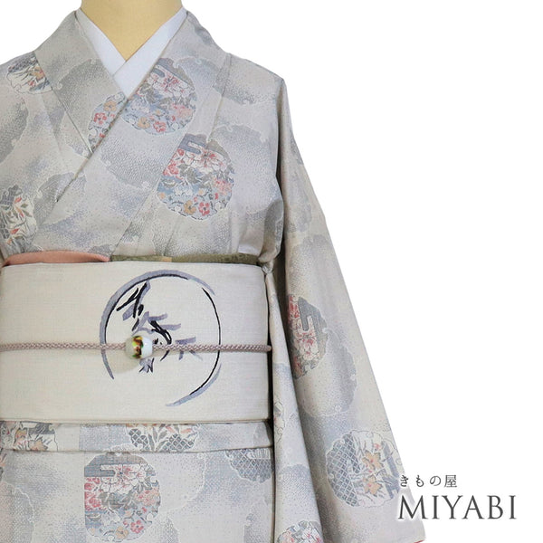 紬 リサイクル 身丈167cm 裄66.6cm 袷 雪輪に花柄 アイボリー LLサイズ カジュアル お洒落 正絹 広衿 Sランク