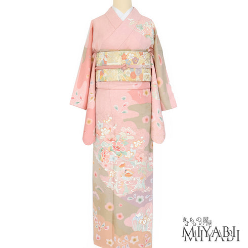 訪問着 リサイクル 身丈161cm 裄64.8cm 袷 鴛鴦に四季の花々柄 箔 ピンク Lサイズ お洒落 正絹 広衿 Sランク
