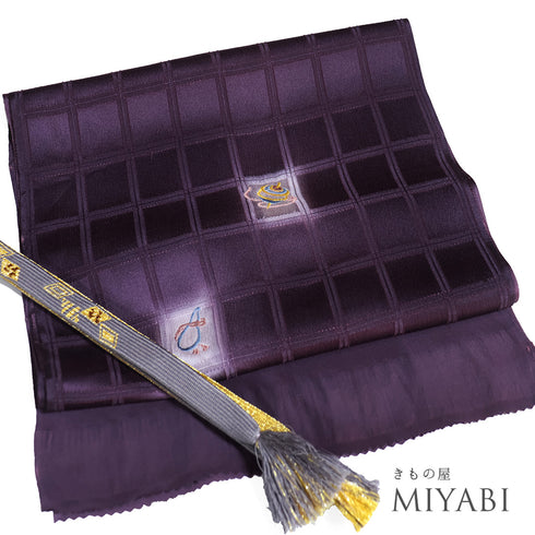 帯締め・帯揚げセット リサイクル お洒落 平組紐 ちりめん パープル 正絹 新品・未使用品 瓢箪や駒柄 刺繍