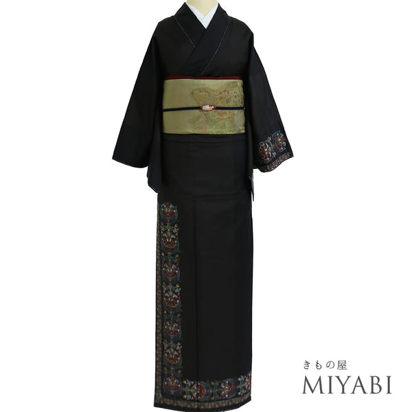 付下げ リサイクル 身丈162cm 裄64.6cm 袷 付下げ訪問着 紬 汕頭刺繍 相良刺繍 オリエンタル柄 ブラック Lサイズ お洒落 正絹 広衿 Sランク