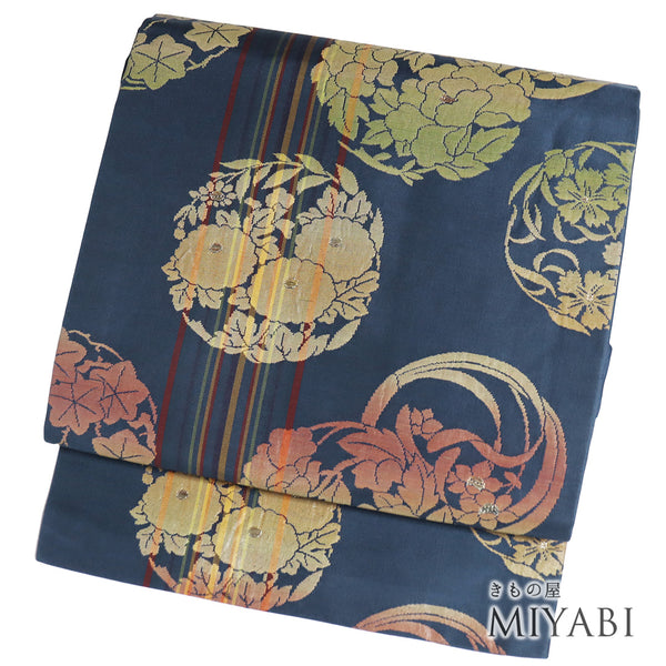 名古屋帯 リサイクル 帯丈352cm 六通 花丸 ネイビー Sサイズ 正絹 Sランク お洒落 カジュアル
