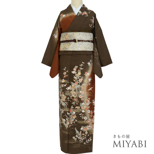 訪問着 リサイクル 身丈158.5cm 裄64.4cm 袷 花車や花籠柄 金駒刺繍 ブラウン Mサイズ セミフォーマル お洒落 正絹 広衿 Sランク