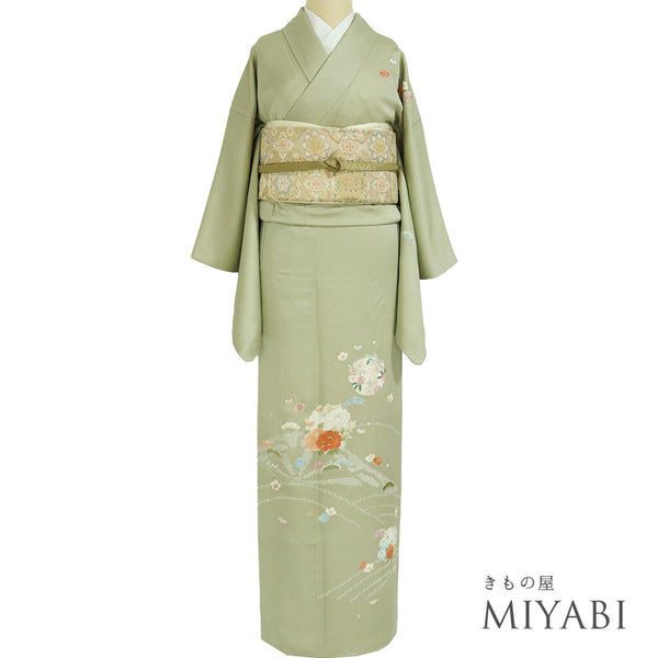 訪問着 リサイクル 身丈166cm 裄66cm 袷 牡丹に菊柄 刺繍 地紋 グリーン LLサイズ フォーマル セミフォーマル 一つ紋 正絹 広衿 Sランク