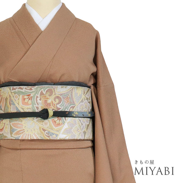 色無地 リサイクル 身丈164cm 裄65cm 袷 ブラウン Lサイズ セミフォーマル 一つ紋 正絹 広衿 Sランク