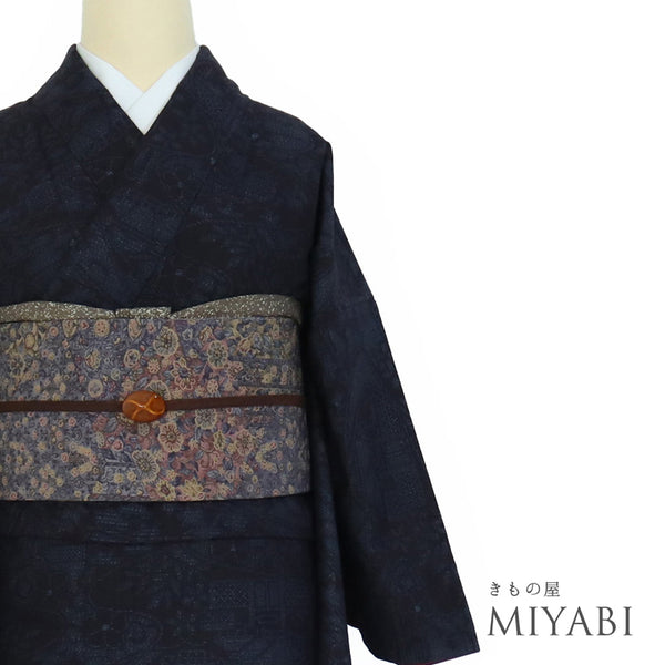 紬 リサイクル 身丈157cm 裄65.4cm 袷 風景柄 結城紬 ネイビー Mサイズ お洒落 カジュアル 証紙 正絹 広衿 Sランク