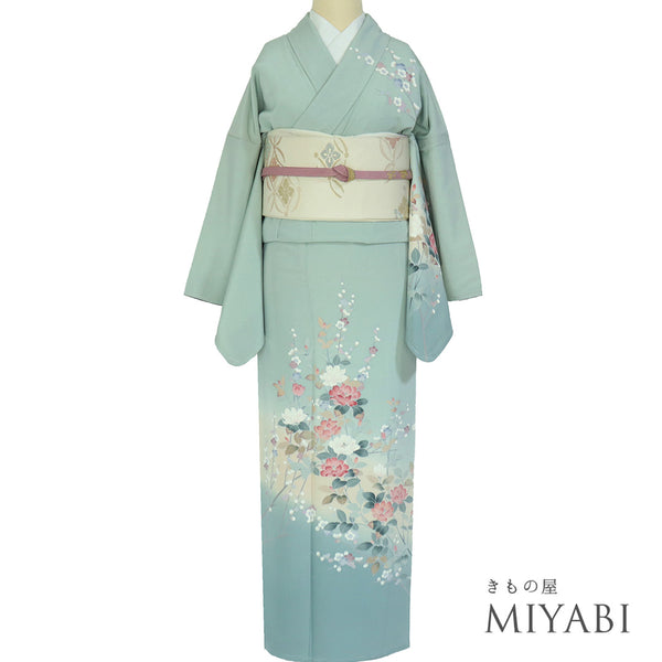 付下げ リサイクル 身丈165.4cm 裄67.2cm 袷 花木柄 グリーン Lサイズ 正絹 広衿 Sランク