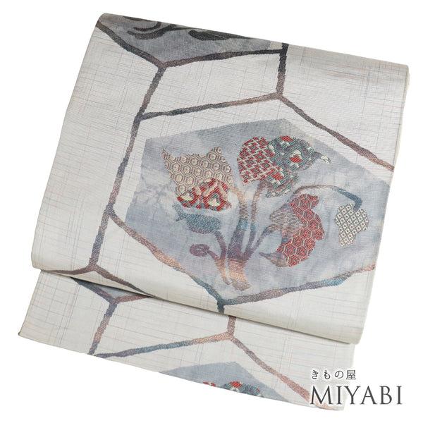 袋帯 リサイクル 帯丈436cm 六通 植物柄 グレー Mサイズ 正絹 未使用品 お洒落 カジュアル