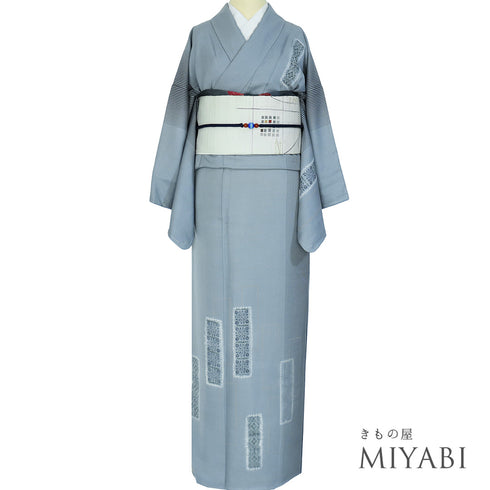 訪問着 リサイクル 身丈164.5cm 裄66.2cm 袷 紬 部分絞り 縞に短冊模様 後染め ゆったりサイズ ブルー Lサイズ お洒落 しつけ糸 正絹 広衿 Sランク