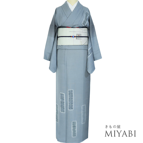 訪問着 リサイクル 身丈164.5cm 裄66.2cm 袷 紬 部分絞り 縞に短冊模様 後染め ゆったりサイズ ブルー Lサイズ お洒落 しつけ糸 正絹 広衿 Sランク