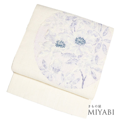 名古屋帯 リサイクル 帯丈352.5cm ポイント柄 丸に花柄 ベージュ Sサイズ 正絹 Aランク カジュアル