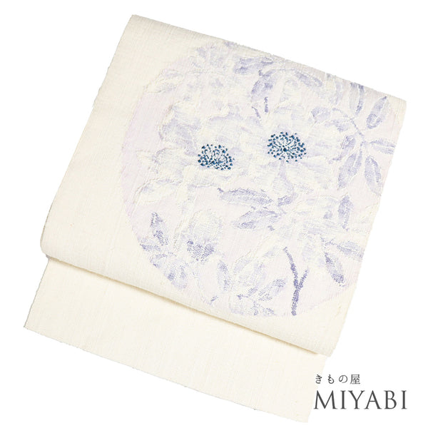 名古屋帯 リサイクル 帯丈352.5cm ポイント柄 丸に花柄 ベージュ Sサイズ 正絹 Aランク カジュアル