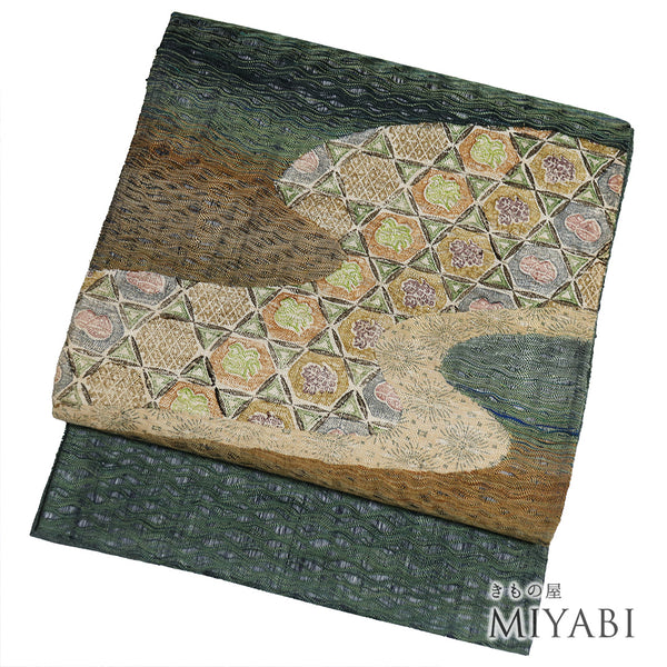 袋帯 リサイクル 帯丈440cm ポイント柄 夏物 栗や葡萄柄 グリーン Mサイズ 正絹 Sランク お洒落 カジュアル