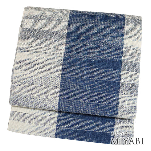 名古屋帯 リサイクル 帯丈375cm 全通 縞柄 夏物 ブルー Mサイズ 混合 新品・未使用品 お洒落