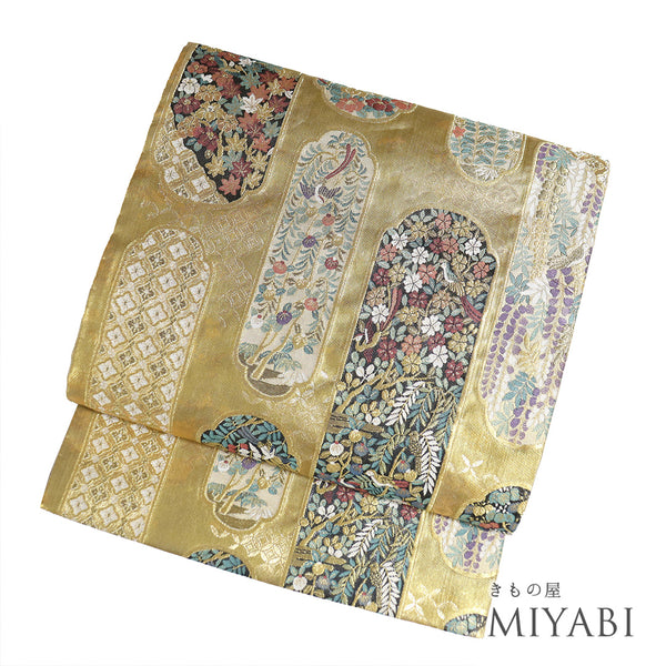 袋帯 帯丈424cm 六通 四季花柄 ゴールド Sサイズ 正絹 Aランク フォーマル セミフォーマル