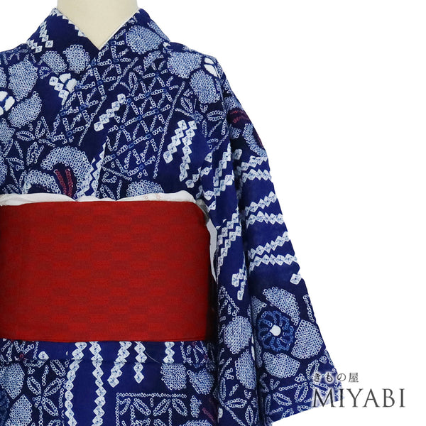 浴衣 リサイクル 夏着物 身丈152cm 裄62.8cm 夏物 絞り 花柄 ブルー Sサイズ カジュアル 木綿 洗える着物 バチ衿 Sランク