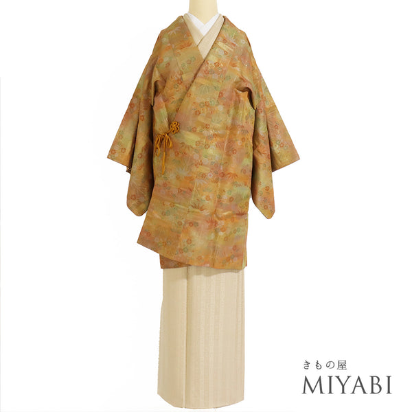 道中着 リサイクル 身丈93cm 裄63.6cm 袷 松竹梅柄 オレンジ Sサイズ お洒落 不明 Sランク