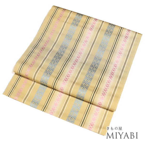 名古屋帯 リサイクル 帯丈365.5cm 全通 献上柄 イエロー Mサイズ 正絹 Sランク カジュアル お洒落