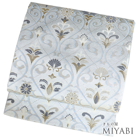 名古屋帯 リサイクル 帯丈369.5cm 六通 唐草花柄 ブルー Mサイズ 正絹 未使用品 セミフォーマル お洒落