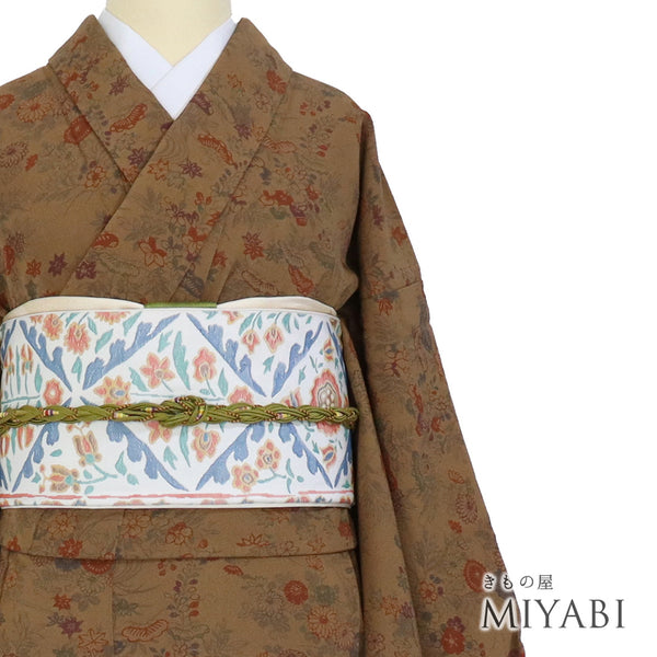 小紋 リサイクル 身丈161.5cm 裄64.2cm 袷 松や菊柄 ブラウン Lサイズ カジュアル お洒落 正絹 広衿 Sランク