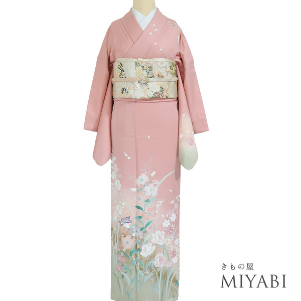訪問着 リサイクル 身丈161cm 裄66.4cm 袷 四季草花 箔 ピンク Lサイズ 正絹 広衿 Sランク